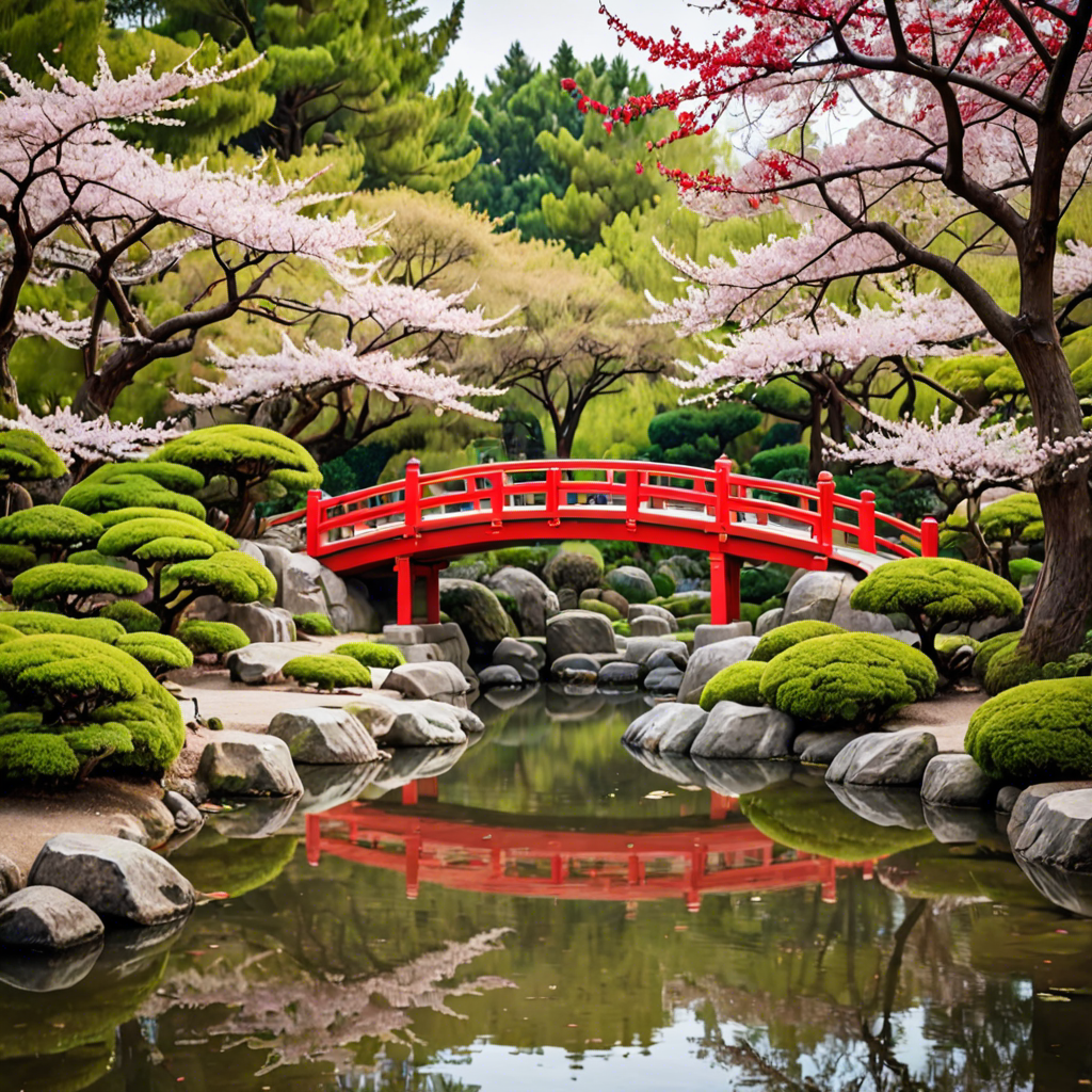 a peaceful japanese garden with a red bridge and cherry blossoms, soft light, detailed — image 12