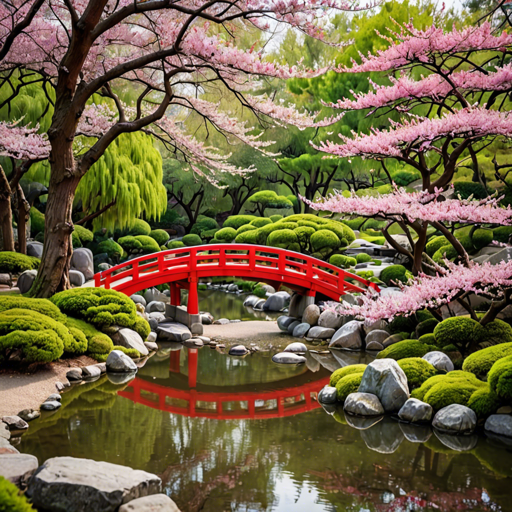a peaceful japanese garden with a red bridge and cherry blossoms, soft light, detailed — image 13