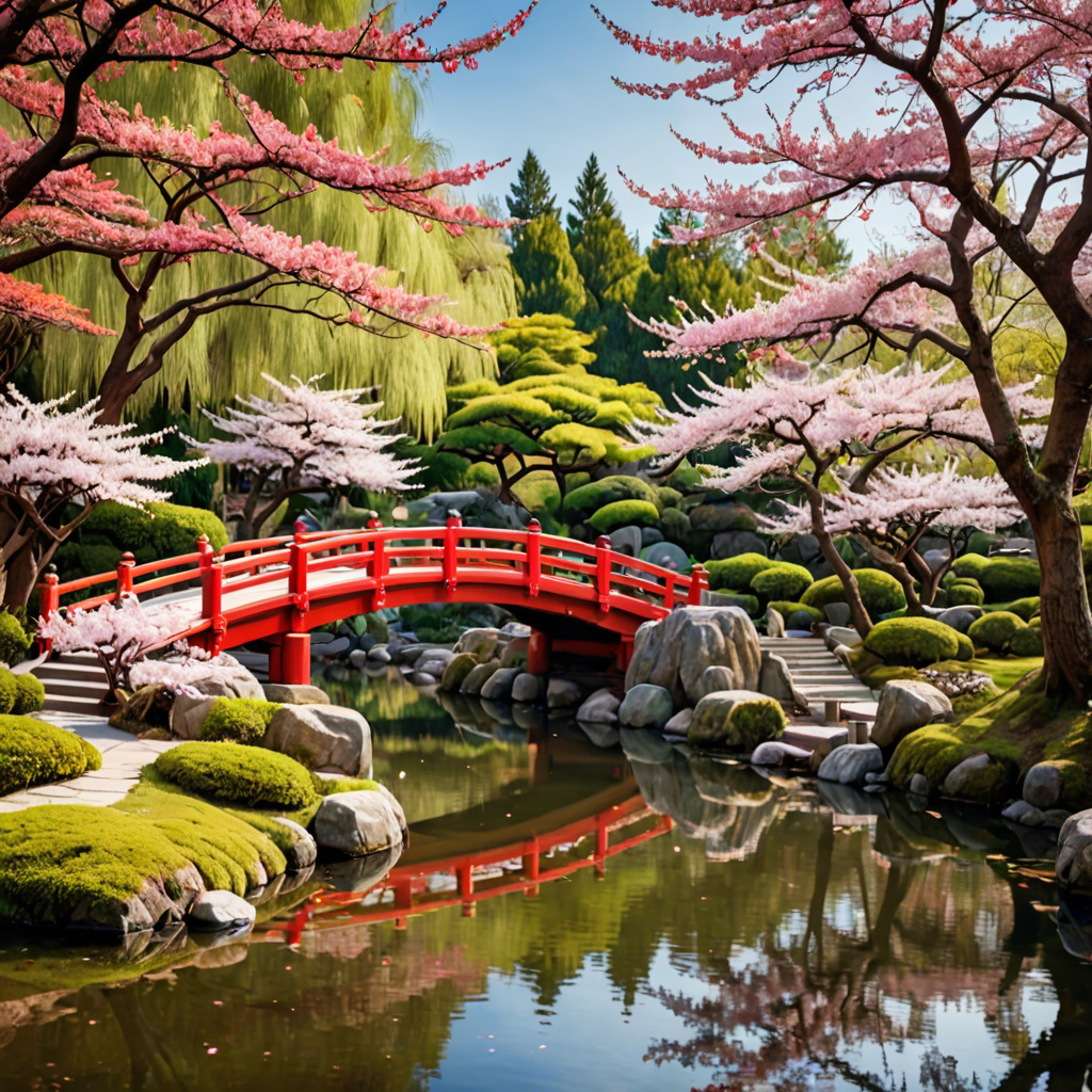 a peaceful japanese garden with a red bridge and cherry blossoms, soft light, detailed — image 14