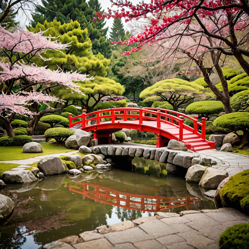 a peaceful japanese garden with a red bridge and cherry blossoms, soft light, detailed — image 15