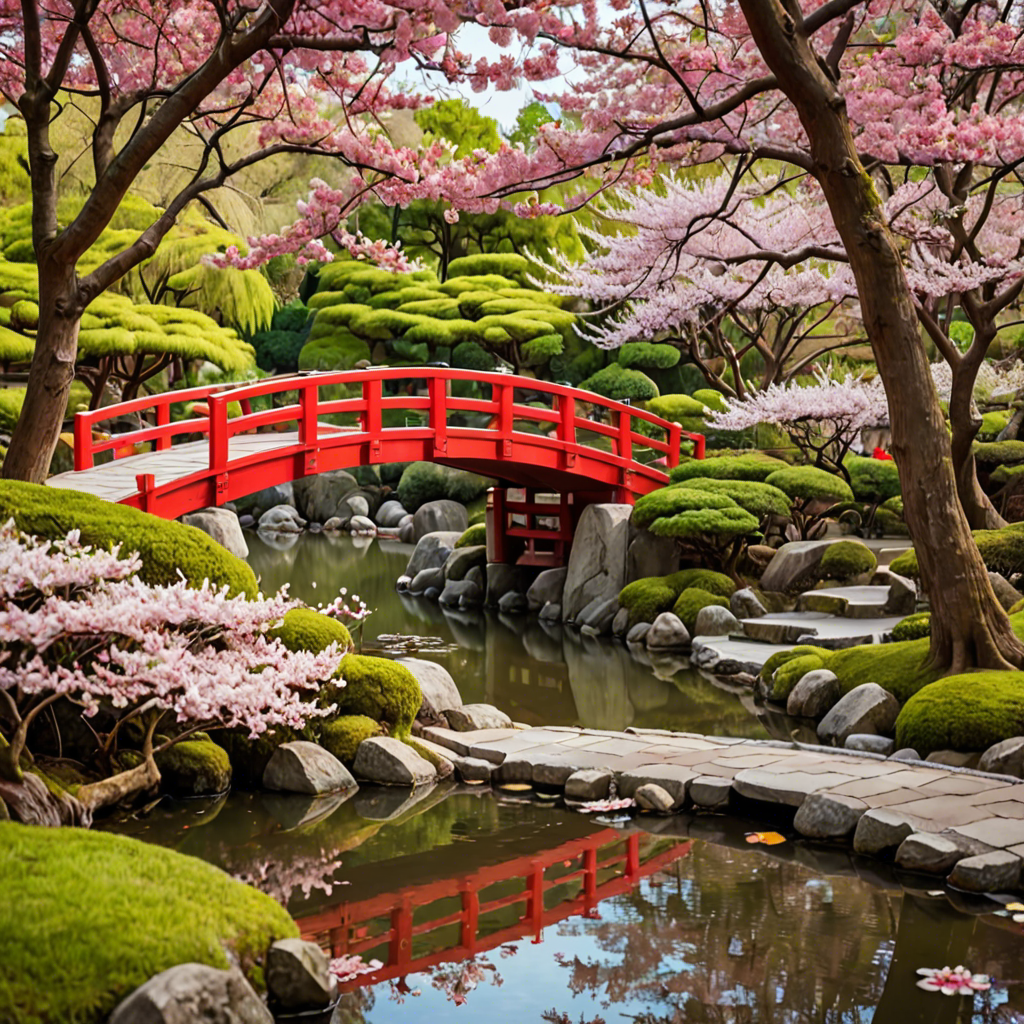 a peaceful japanese garden with a red bridge and cherry blossoms, soft light, detailed — image 16