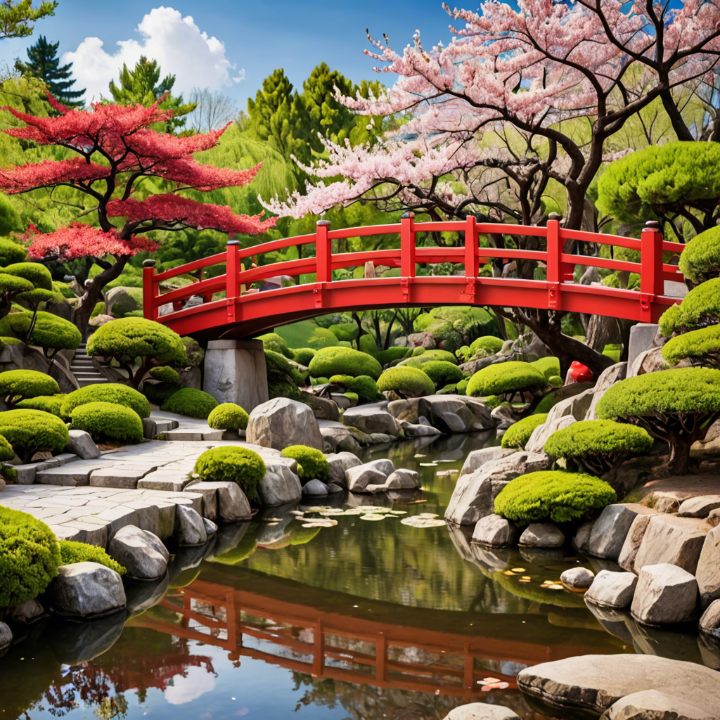 a peaceful japanese garden with a red bridge and cherry blossoms, soft light, detailed — image 17