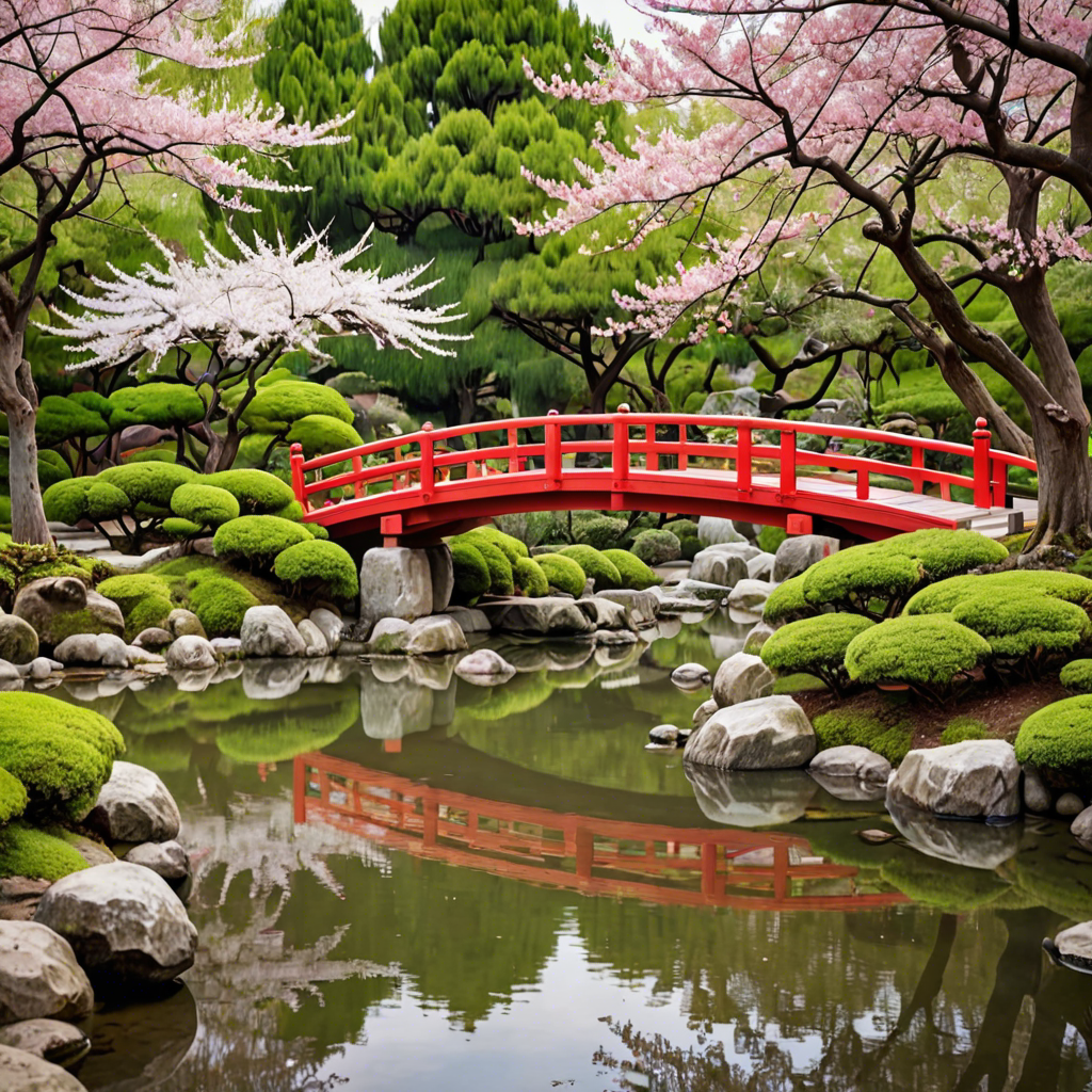 a peaceful japanese garden with a red bridge and cherry blossoms, soft light, detailed — image 19