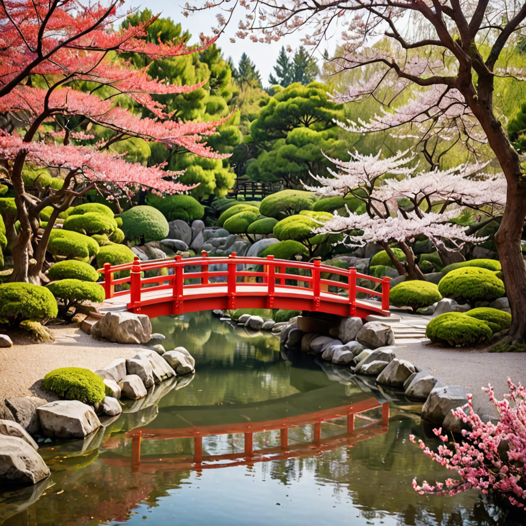 a peaceful japanese garden with a red bridge and cherry blossoms, soft light, detailed — image 20