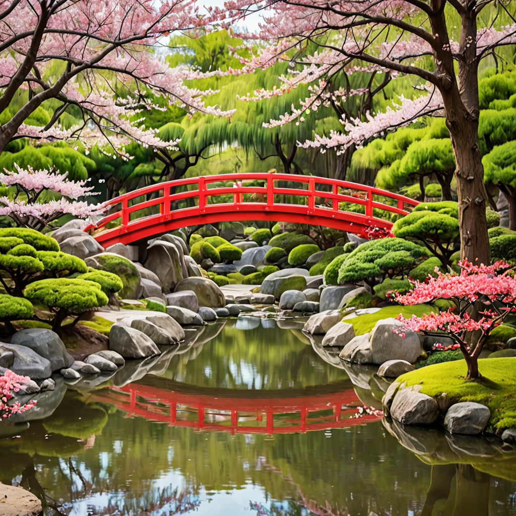 a peaceful japanese garden with a red bridge and cherry blossoms, soft light, detailed — image 21