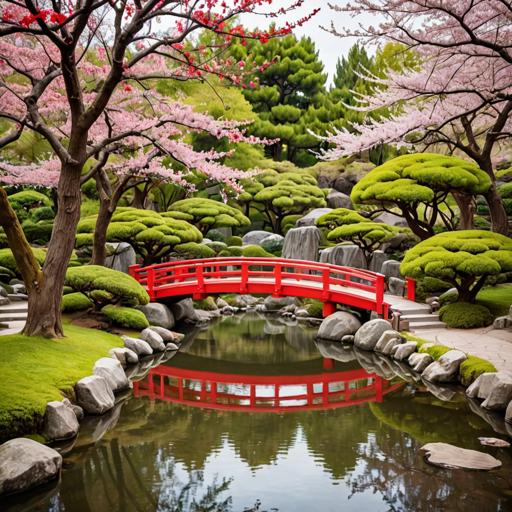 a peaceful japanese garden with a red bridge and cherry blossoms, soft light, detailed — image 22