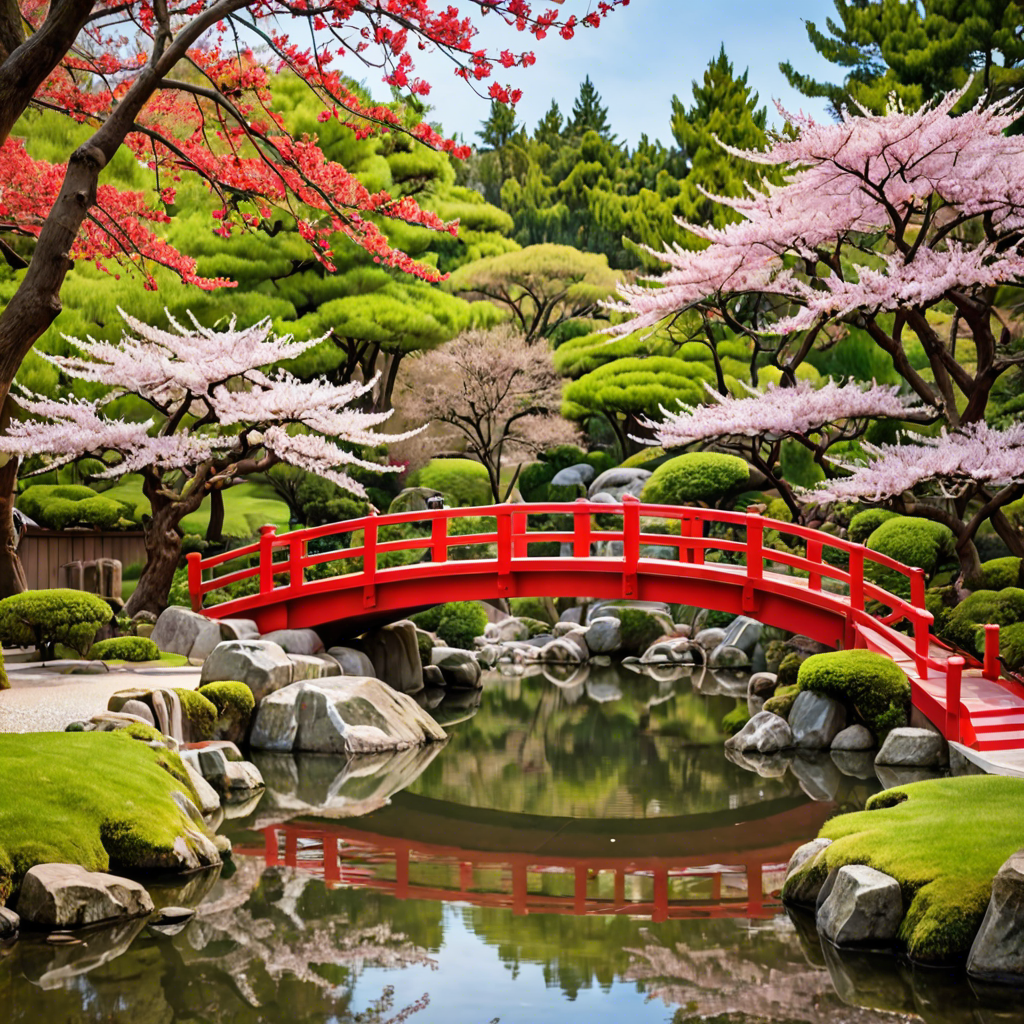 a peaceful japanese garden with a red bridge and cherry blossoms, soft light, detailed — image 23