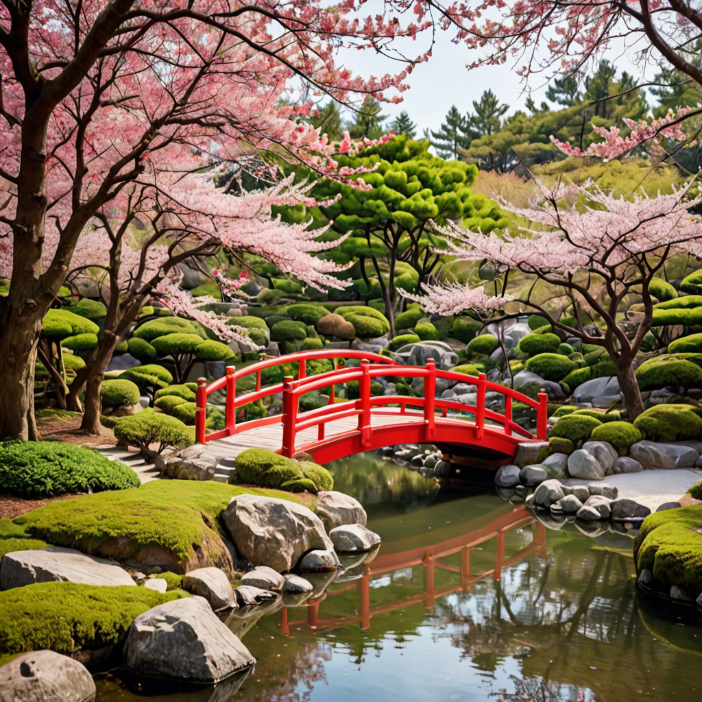 a peaceful japanese garden with a red bridge and cherry blossoms, soft light, detailed — image 25