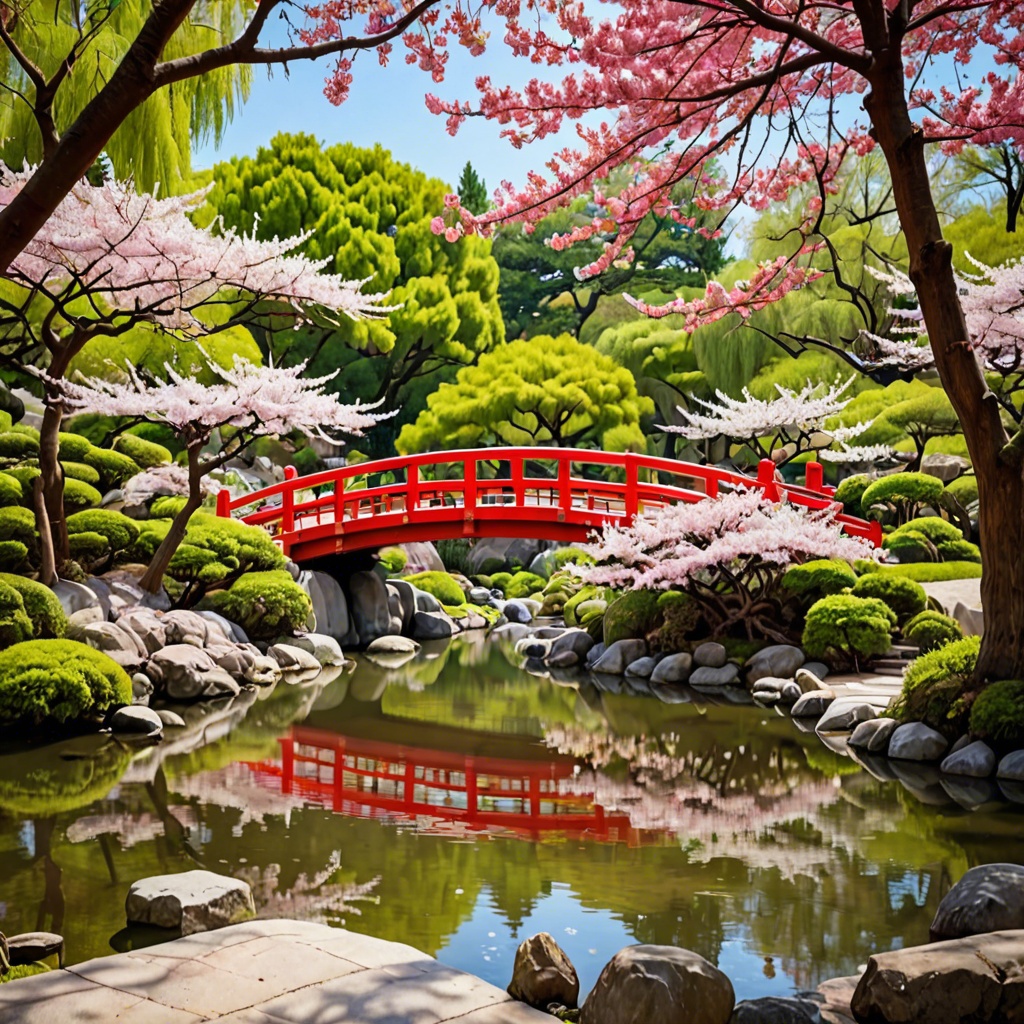 a peaceful japanese garden with a red bridge and cherry blossoms, soft light, detailed — image 2