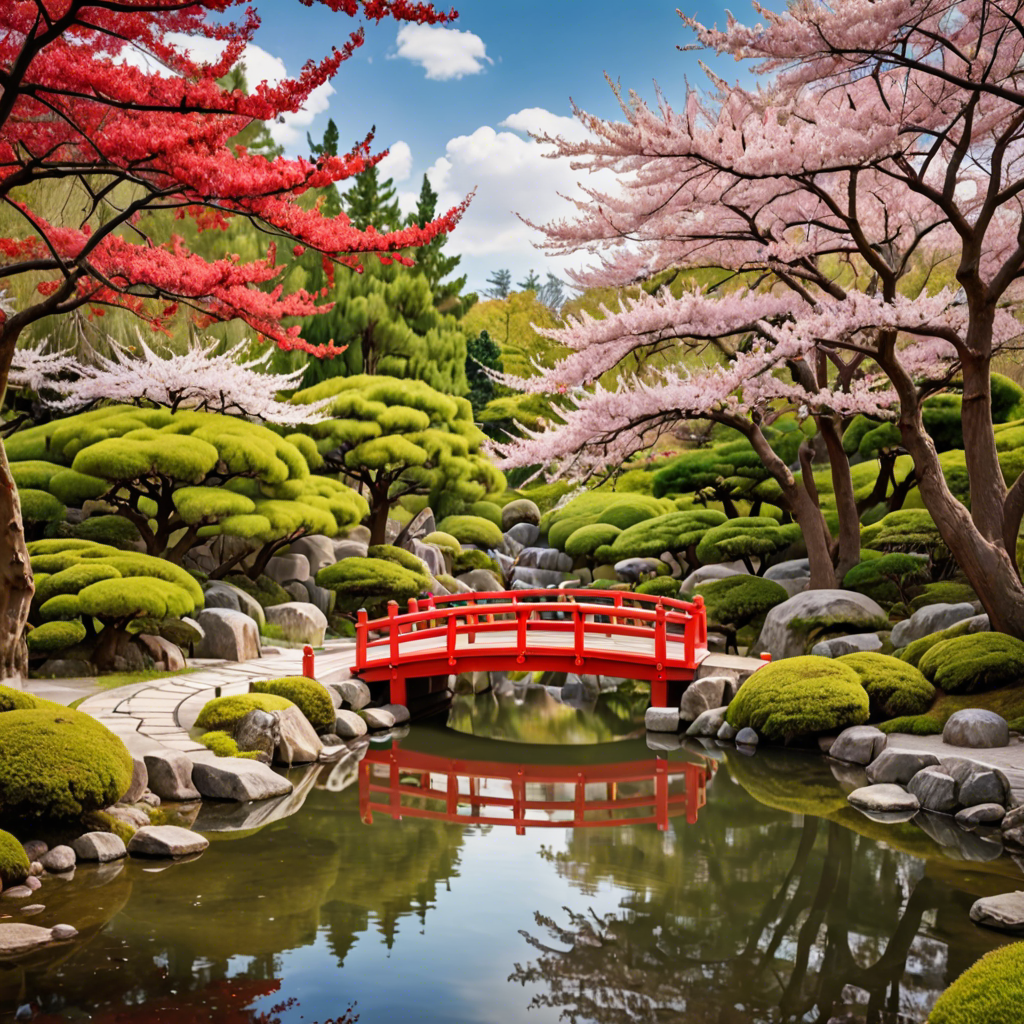 a peaceful japanese garden with a red bridge and cherry blossoms, soft light, detailed — image 3