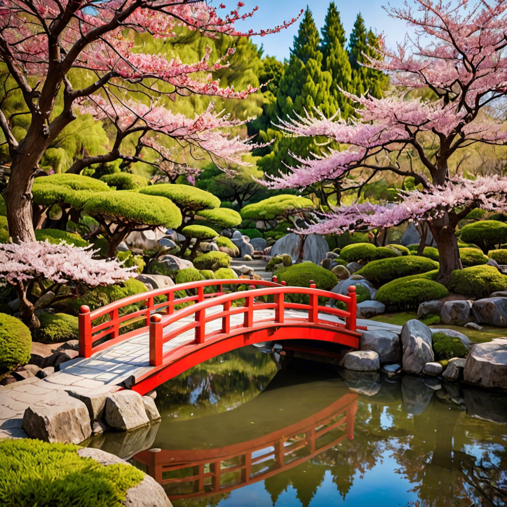 a peaceful japanese garden with a red bridge and cherry blossoms, soft light, detailed — image 4