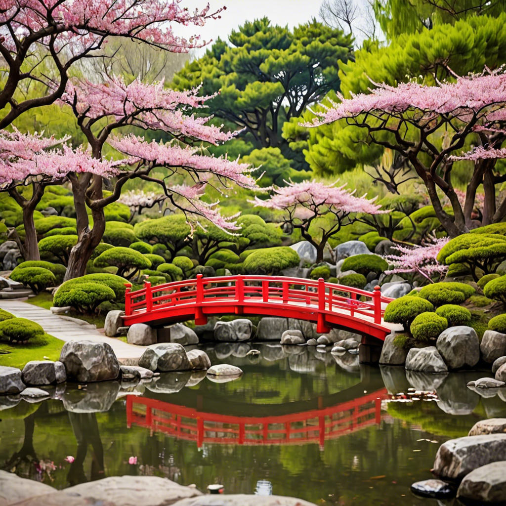a peaceful japanese garden with a red bridge and cherry blossoms, soft light, detailed — image 1