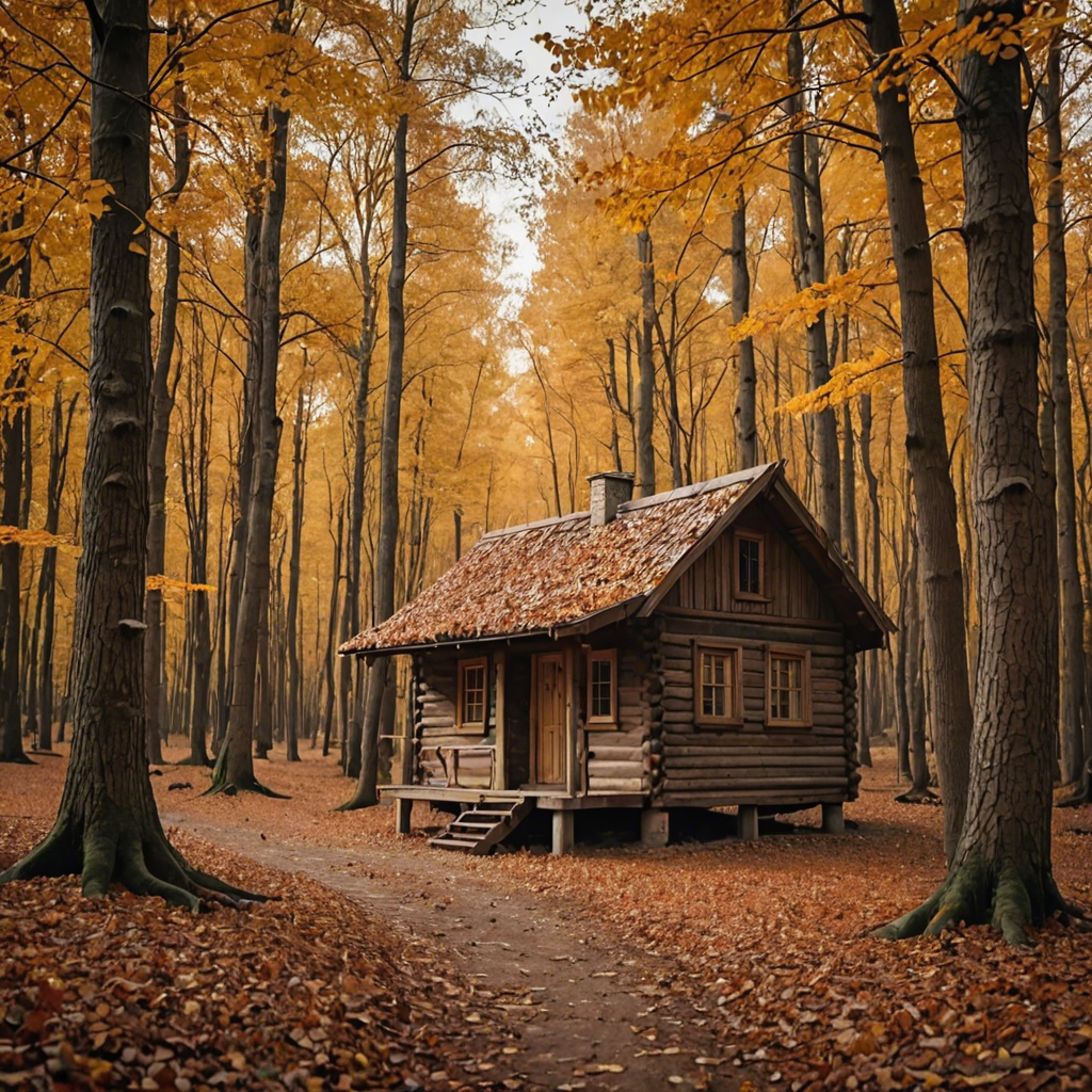 a rustic autumn forest with a small wooden cabin, falling leaves, warm tones, cinematic — image 1