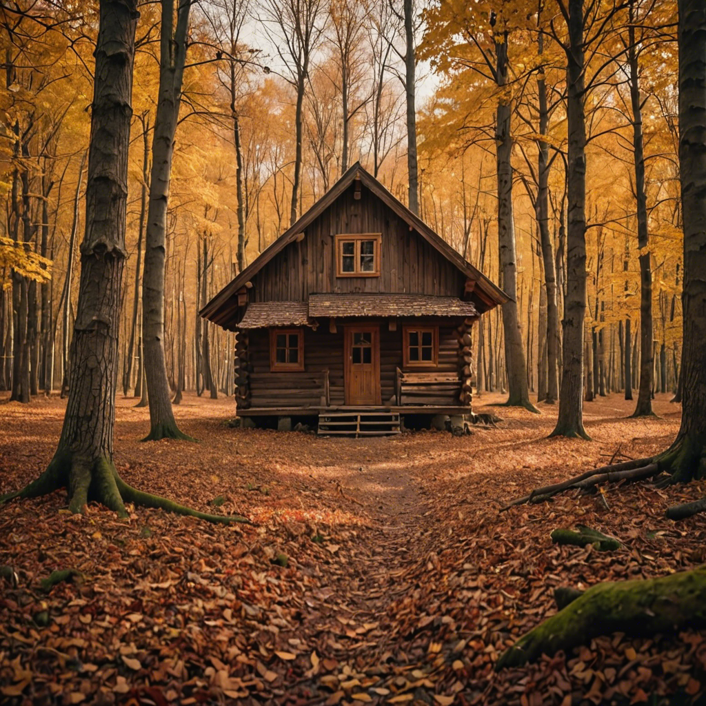 a rustic autumn forest with a small wooden cabin, falling leaves, warm tones, cinematic — image 2