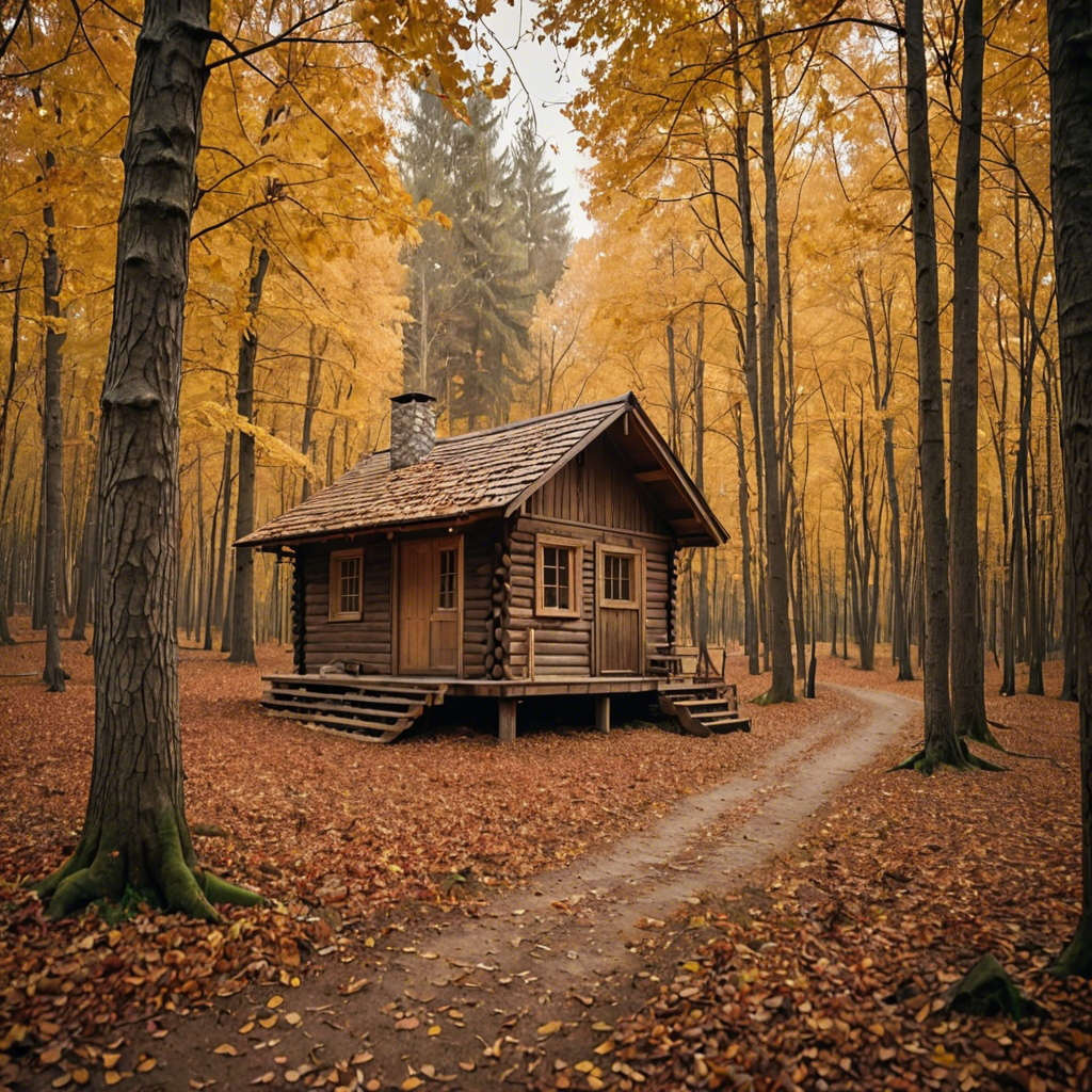 a rustic autumn forest with a small wooden cabin, falling leaves, warm tones, cinematic — image 3