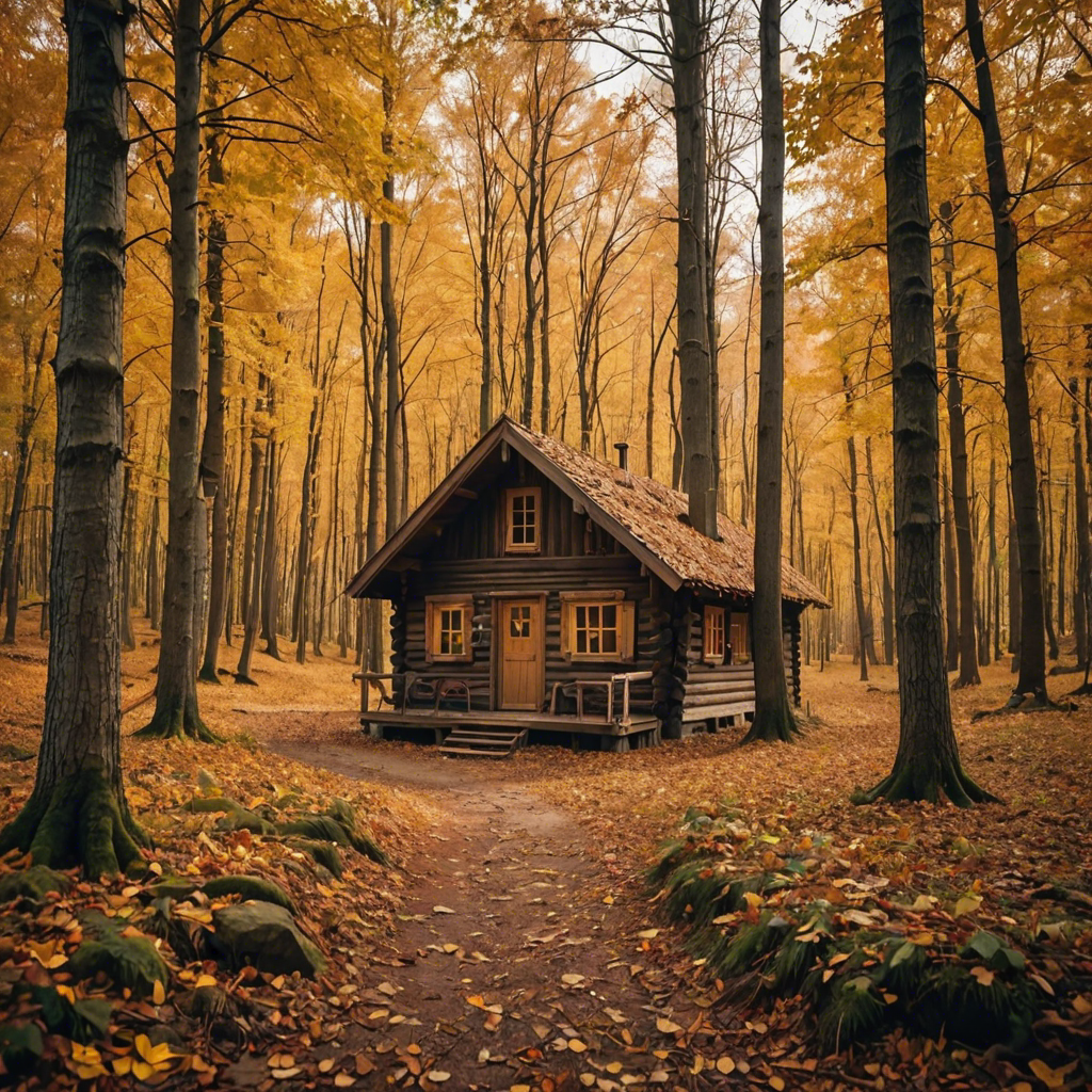 a rustic autumn forest with a small wooden cabin, falling leaves, warm tones, cinematic — image 4