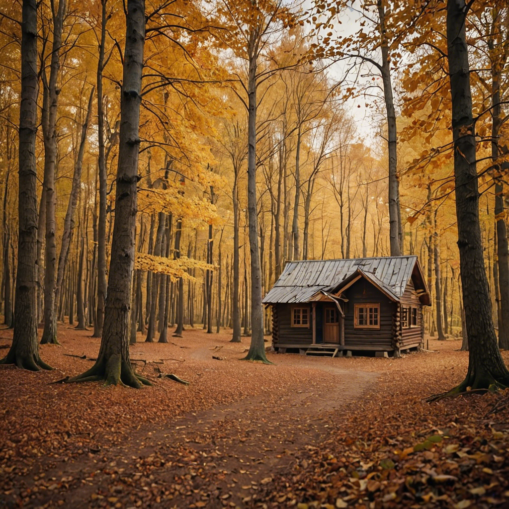 a rustic autumn forest with a small wooden cabin, falling leaves, warm tones, cinematic — image 5