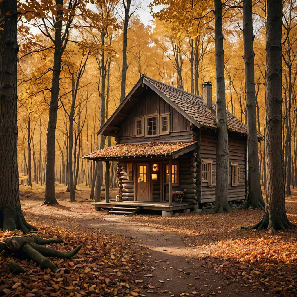 a rustic autumn forest with a small wooden cabin, falling leaves, warm tones, cinematic — image 6