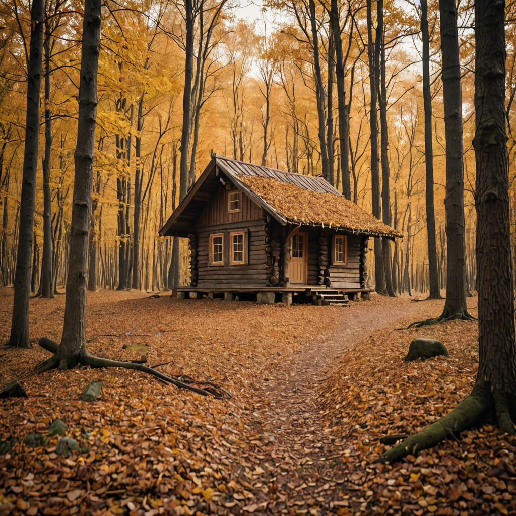 a rustic autumn forest with a small wooden cabin, falling leaves, warm tones, cinematic — image 7