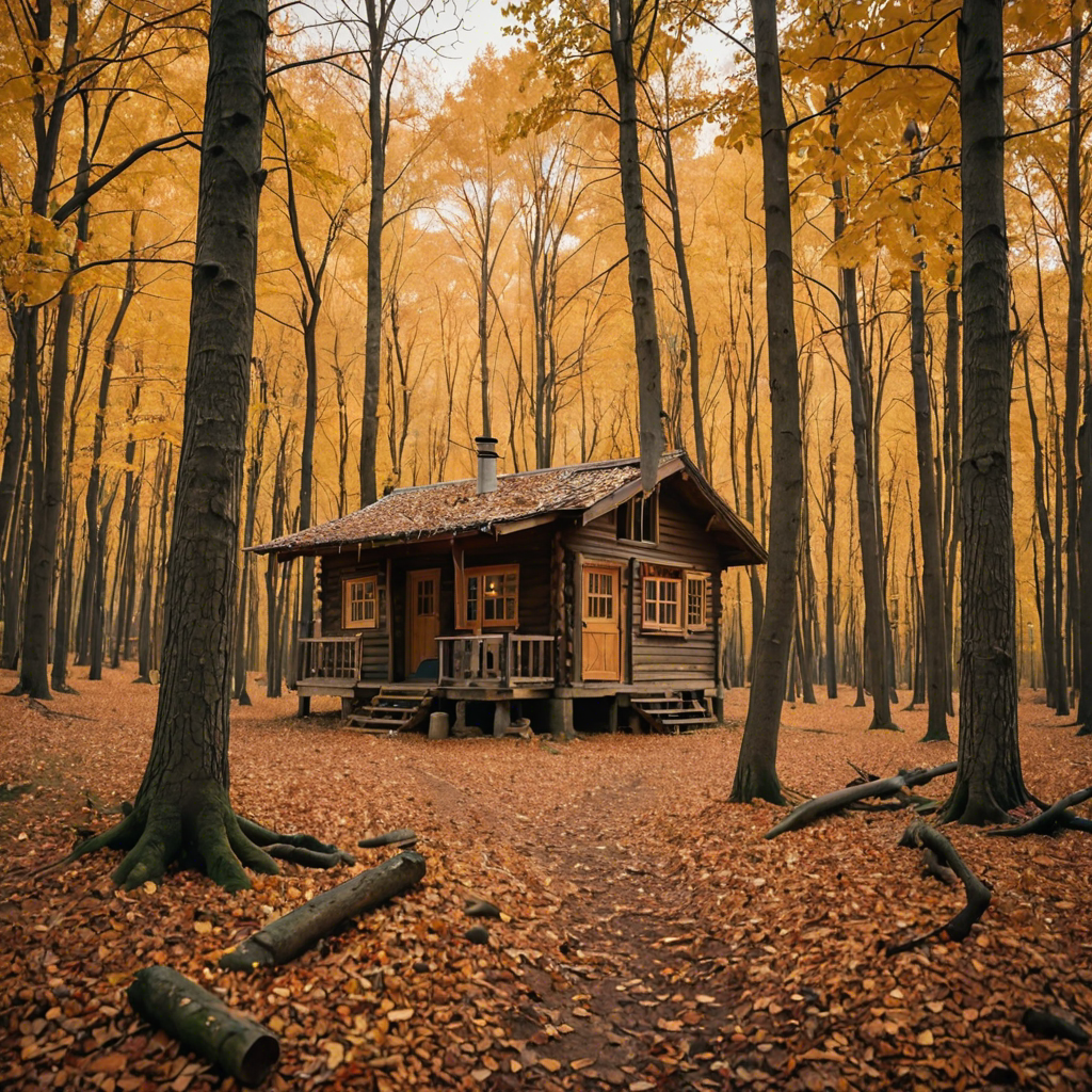 a rustic autumn forest with a small wooden cabin, falling leaves, warm tones, cinematic — image 8