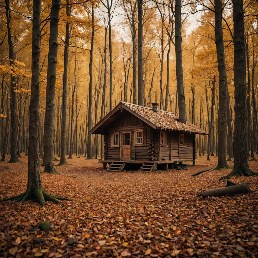 a rustic autumn forest with a small wooden cabin, falling leaves, warm tones, cinematic — image 9