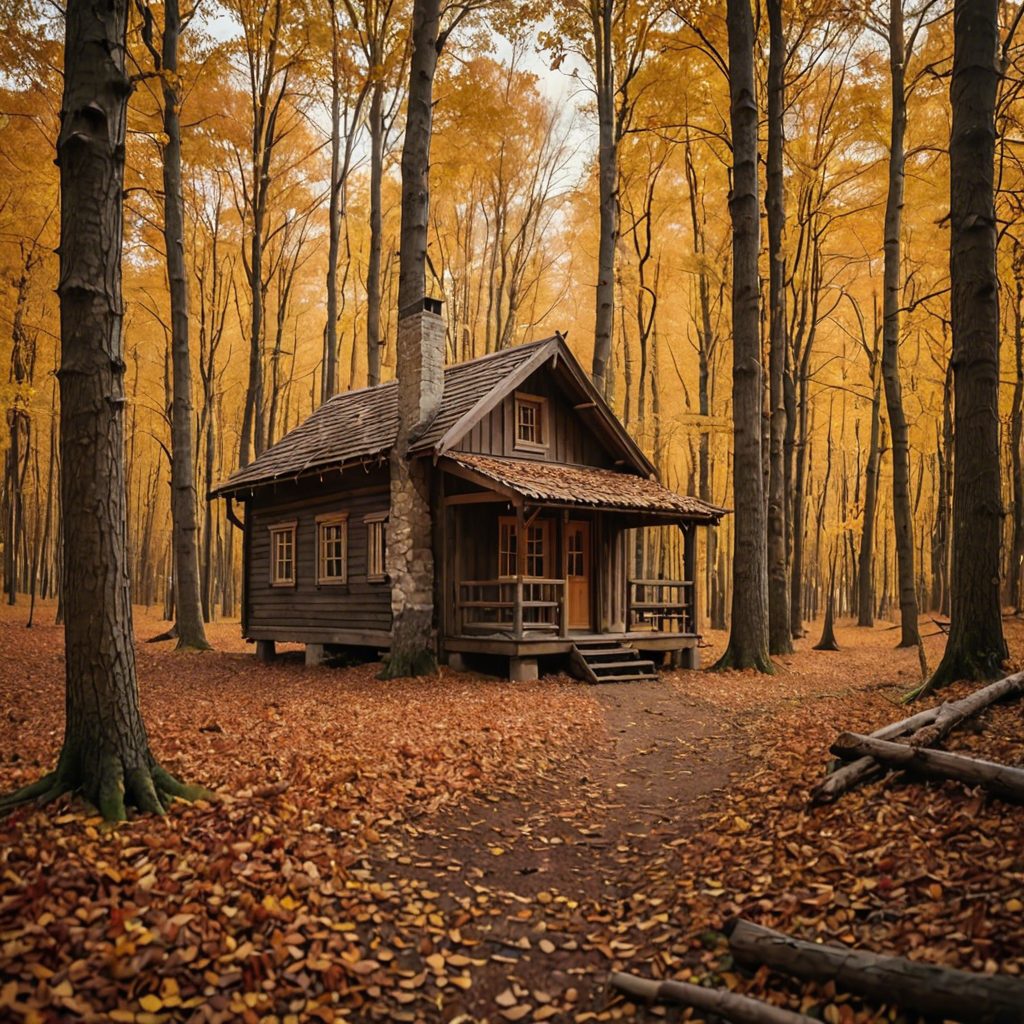 a rustic autumn forest with a small wooden cabin, falling leaves, warm tones, cinematic — image 10