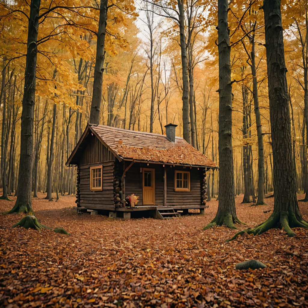 a rustic autumn forest with a small wooden cabin, falling leaves, warm tones, cinematic — image 11
