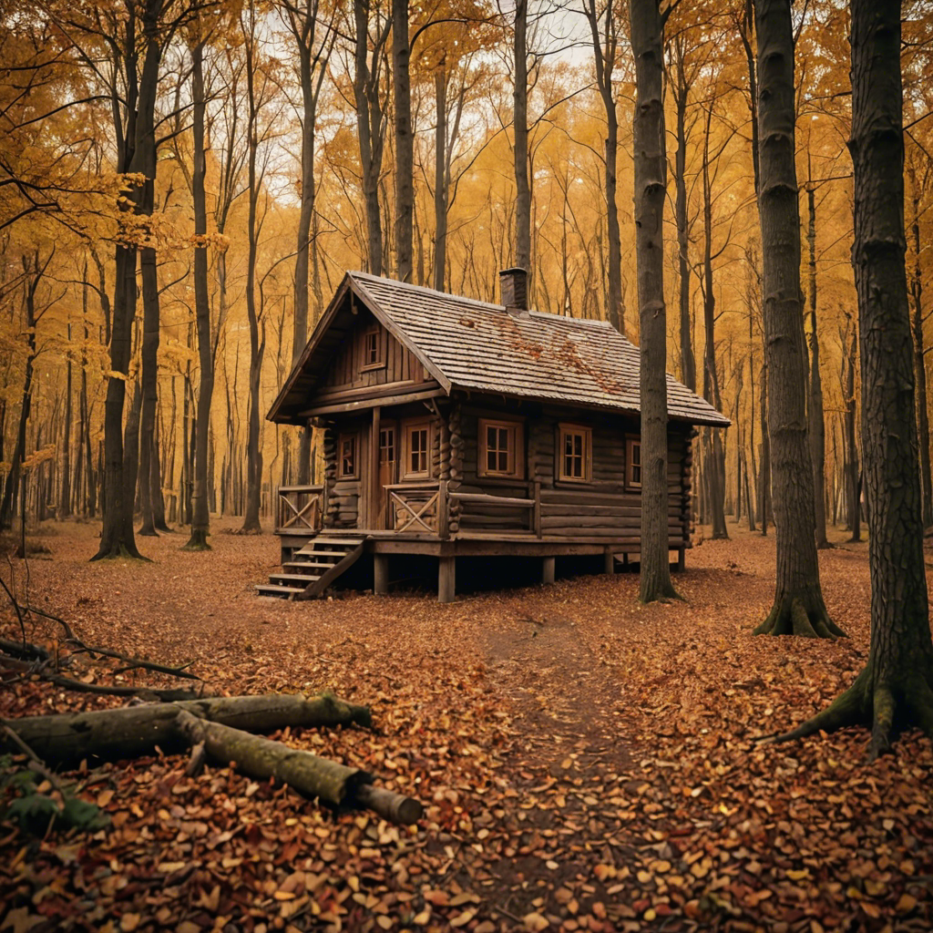 a rustic autumn forest with a small wooden cabin, falling leaves, warm tones, cinematic — image 12