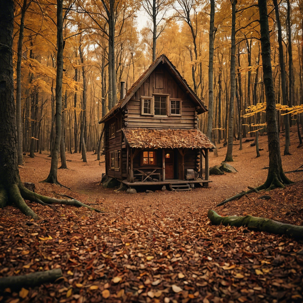 a rustic autumn forest with a small wooden cabin, falling leaves, warm tones, cinematic — image 13