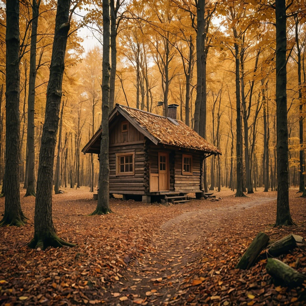 a rustic autumn forest with a small wooden cabin, falling leaves, warm tones, cinematic — image 14