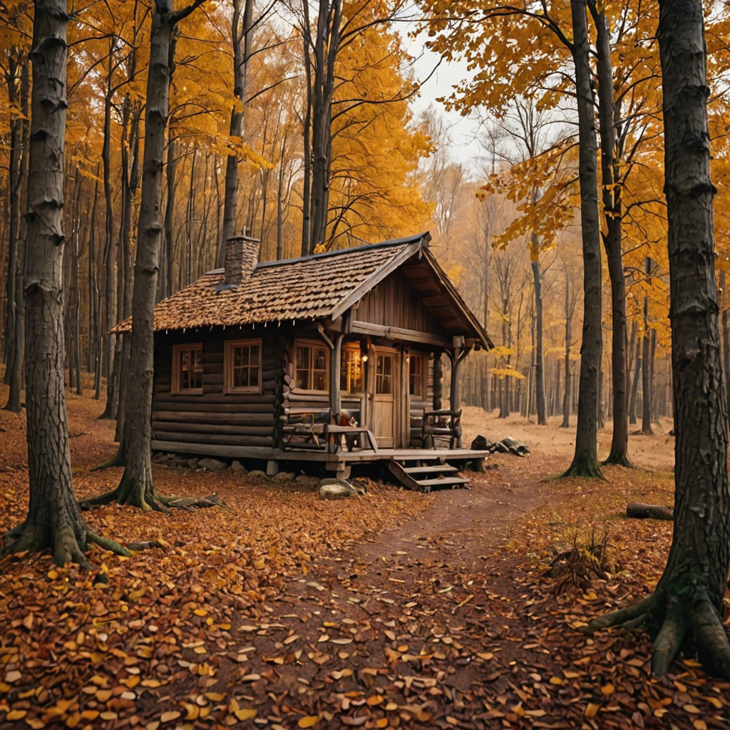 a rustic autumn forest with a small wooden cabin, falling leaves, warm tones, cinematic — image 15