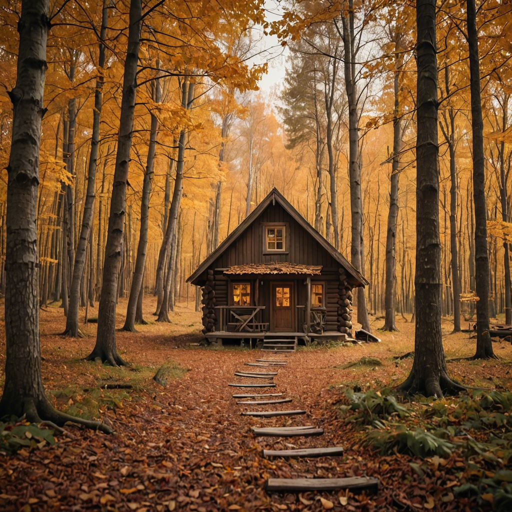 a rustic autumn forest with a small wooden cabin, falling leaves, warm tones, cinematic — image 16