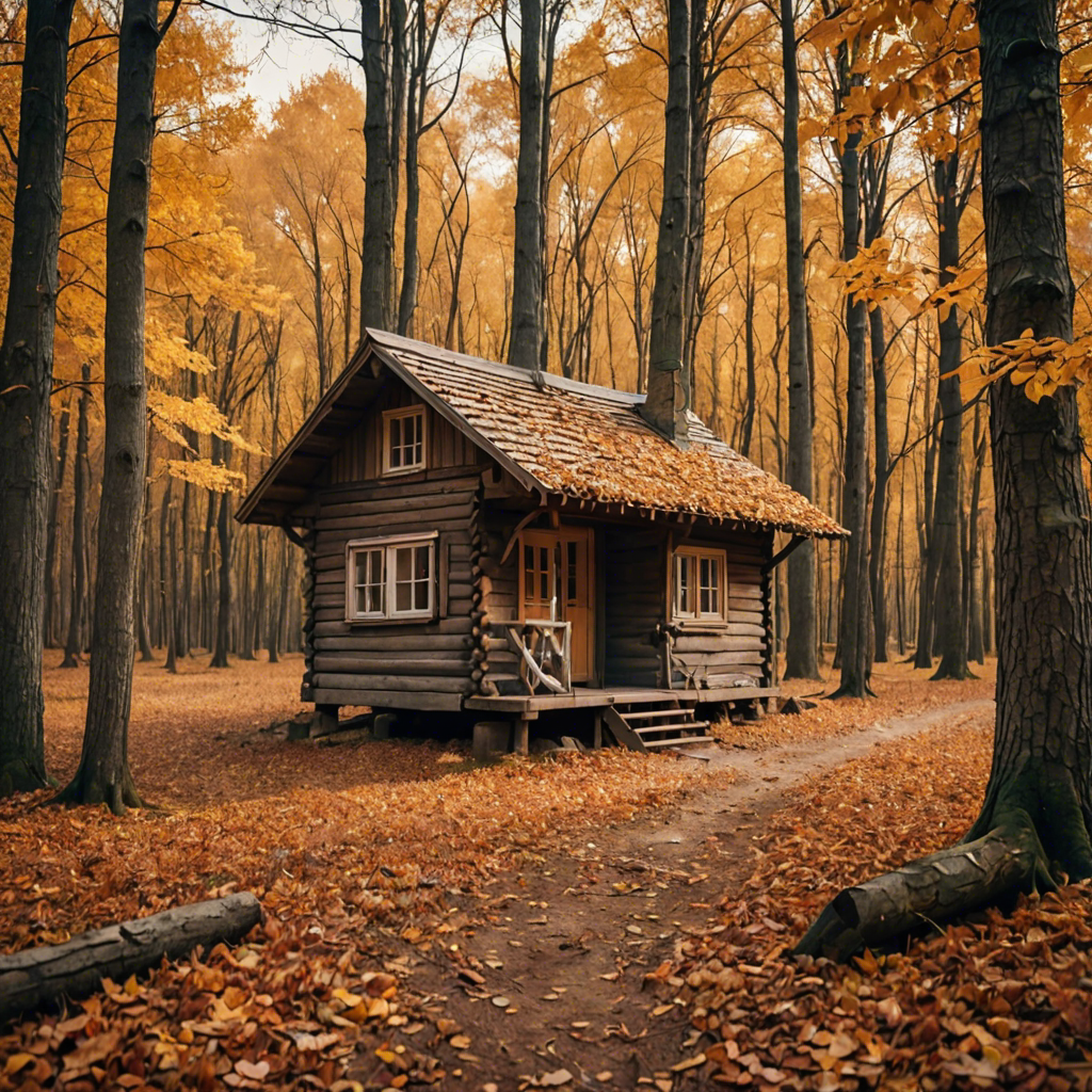 a rustic autumn forest with a small wooden cabin, falling leaves, warm tones, cinematic — image 17