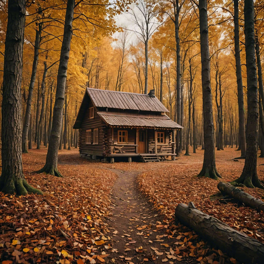 a rustic autumn forest with a small wooden cabin, falling leaves, warm tones, cinematic — image 18