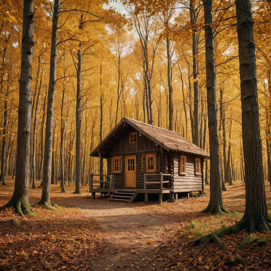 a rustic autumn forest with a small wooden cabin, falling leaves, warm tones, cinematic — image 19