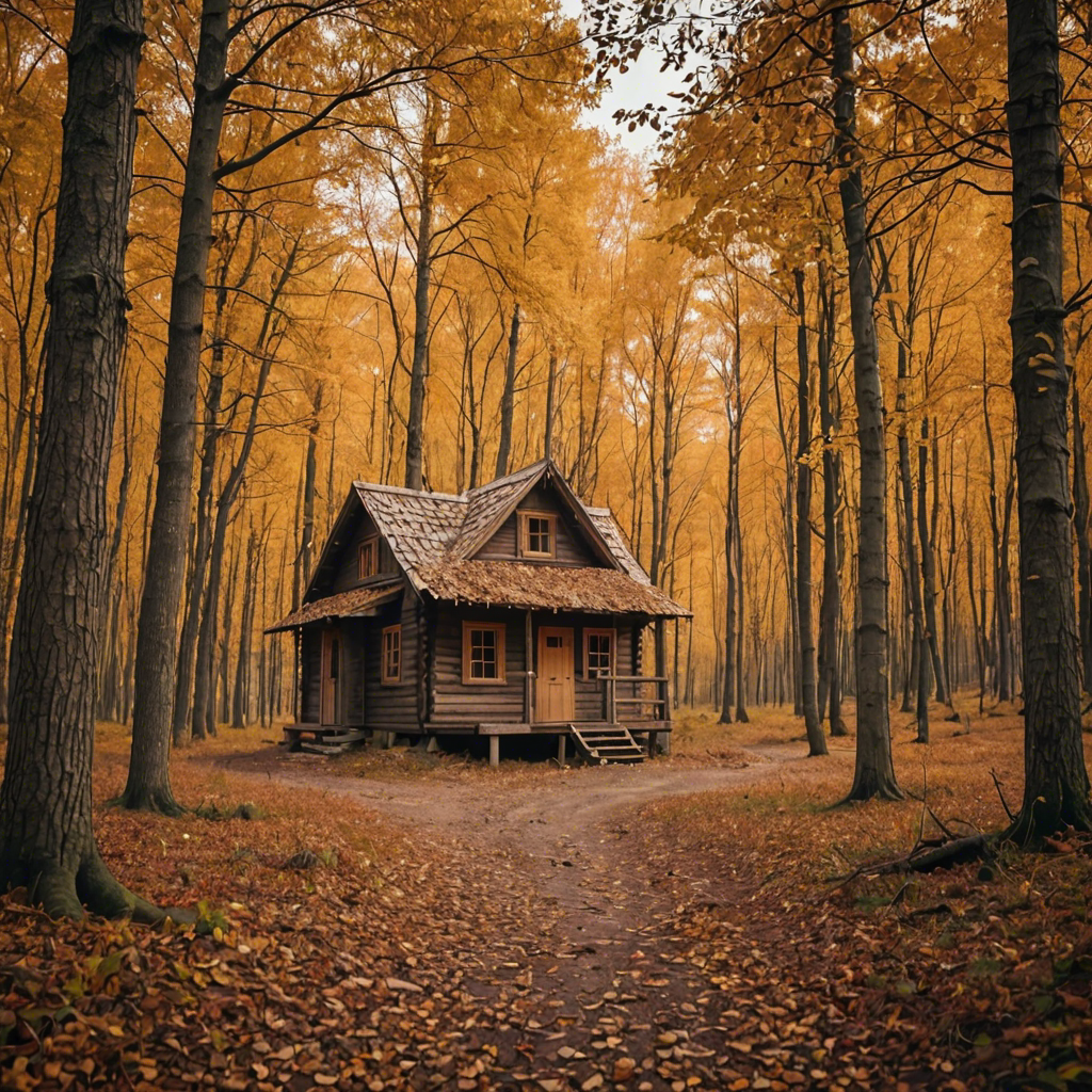 a rustic autumn forest with a small wooden cabin, falling leaves, warm tones, cinematic — image 20