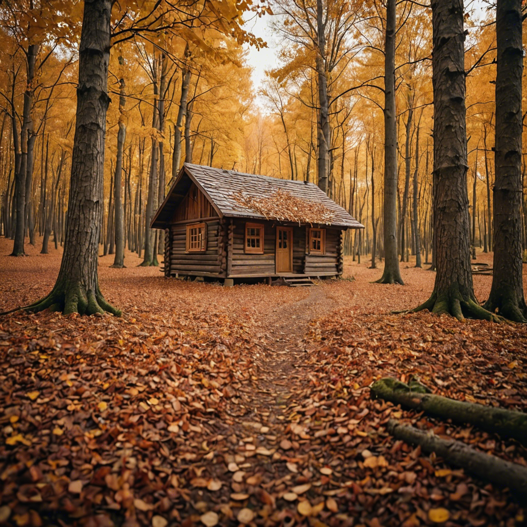 a rustic autumn forest with a small wooden cabin, falling leaves, warm tones, cinematic — image 21
