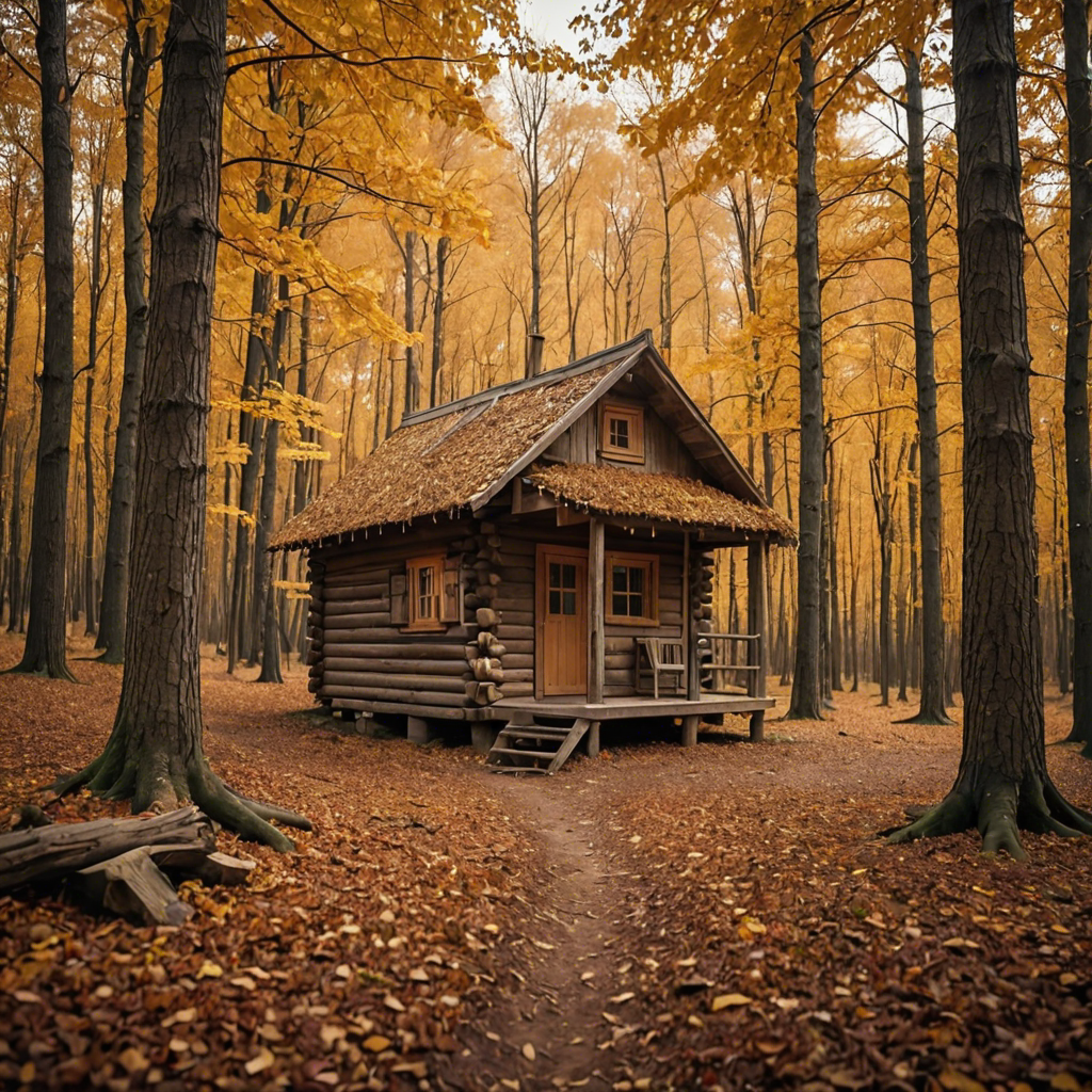 a rustic autumn forest with a small wooden cabin, falling leaves, warm tones, cinematic — image 22