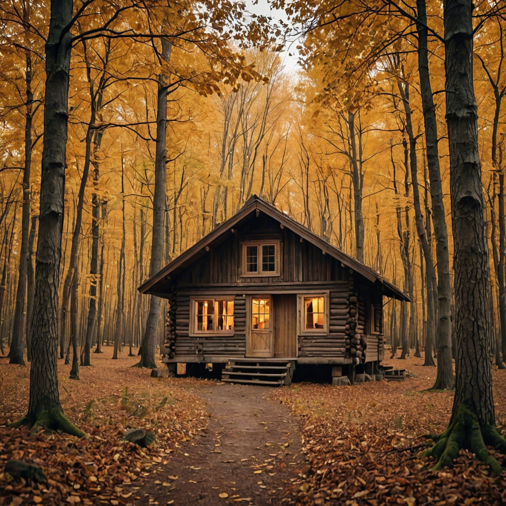 a rustic autumn forest with a small wooden cabin, falling leaves, warm tones, cinematic — image 23