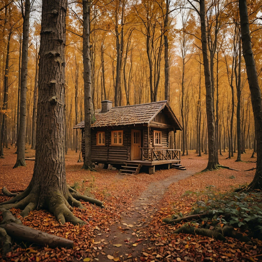 a rustic autumn forest with a small wooden cabin, falling leaves, warm tones, cinematic — image 24