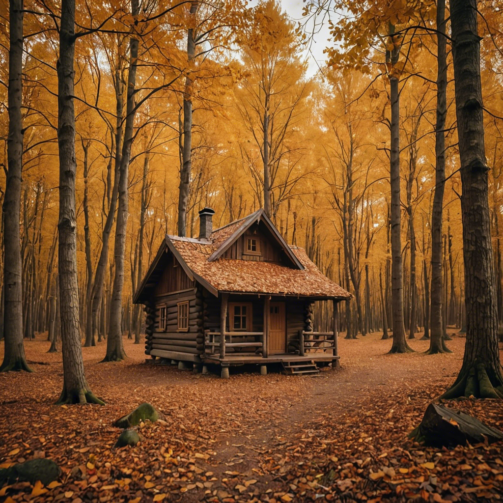 a rustic autumn forest with a small wooden cabin, falling leaves, warm tones, cinematic — image 25
