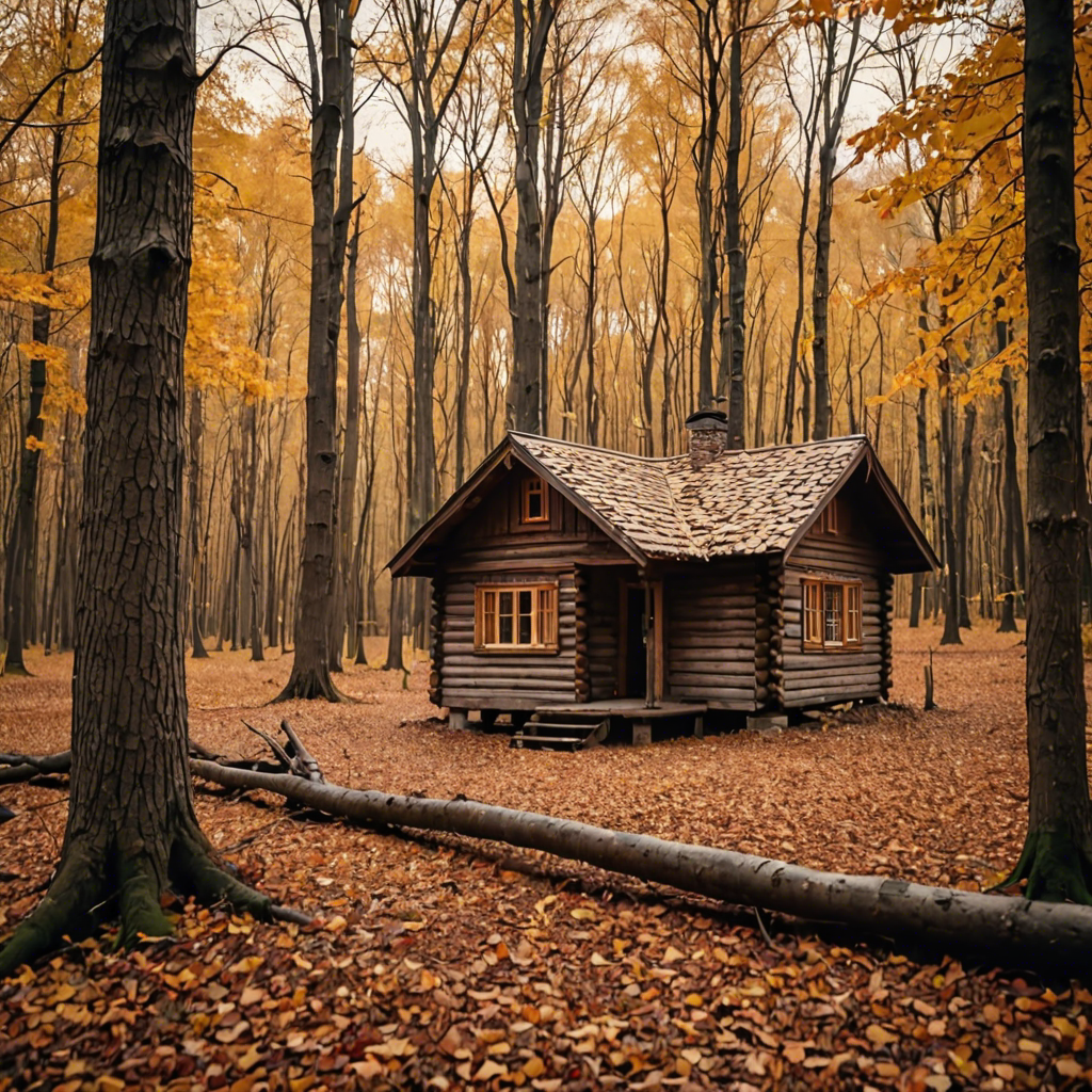 a rustic autumn forest with a small wooden cabin, falling leaves, warm tones, cinematic — image 2