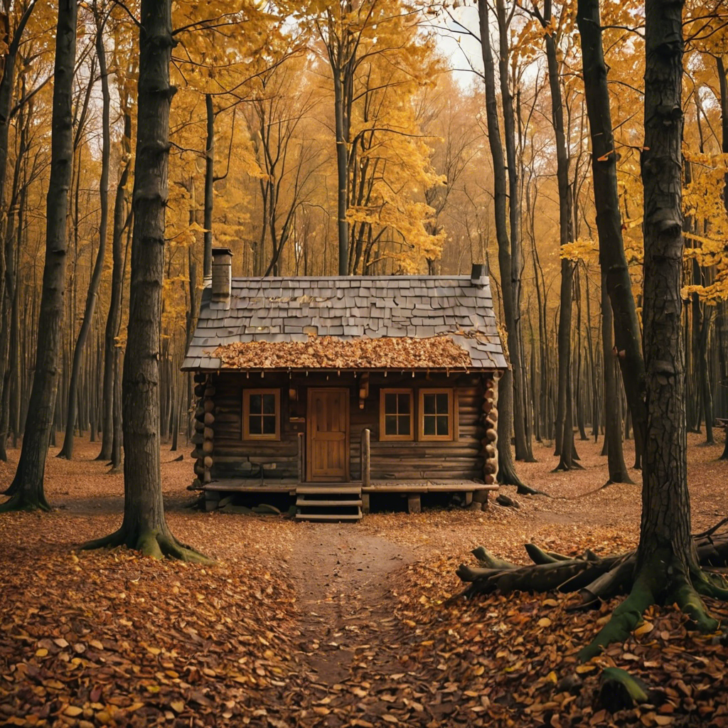 a rustic autumn forest with a small wooden cabin, falling leaves, warm tones, cinematic — image 3
