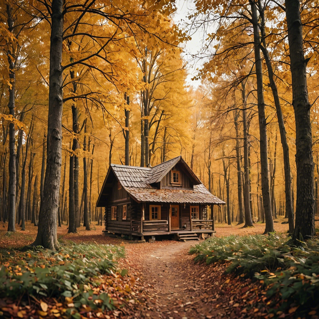 a rustic autumn forest with a small wooden cabin, falling leaves, warm tones, cinematic — image 4