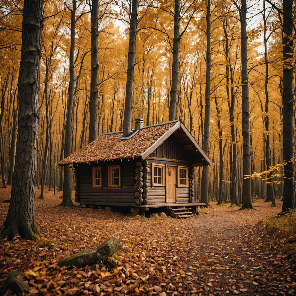 a rustic autumn forest with a small wooden cabin, falling leaves, warm tones, cinematic — image 1