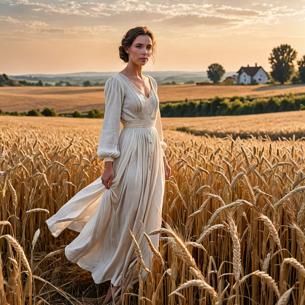 a shepherdess in an elegant white gown, standing in a countryside wheat field with a distant farmhouse, soft golden glow, detailed — image 1
