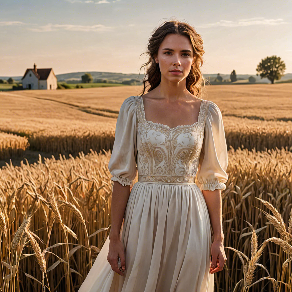 a shepherdess in an elegant white gown, standing in a countryside wheat field with a distant farmhouse, soft golden glow, detailed — image 2