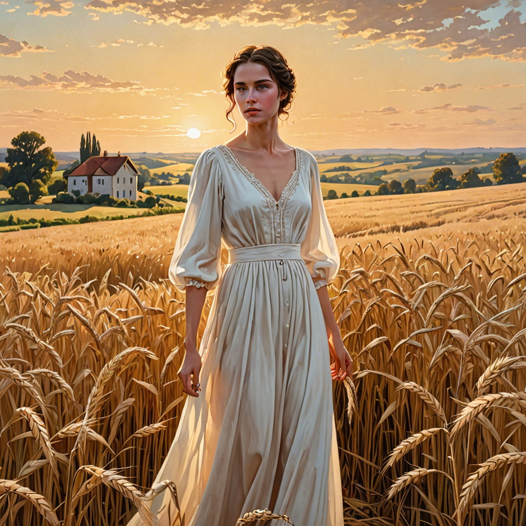 a shepherdess in an elegant white gown, standing in a countryside wheat field with a distant farmhouse, soft golden glow, detailed — image 3