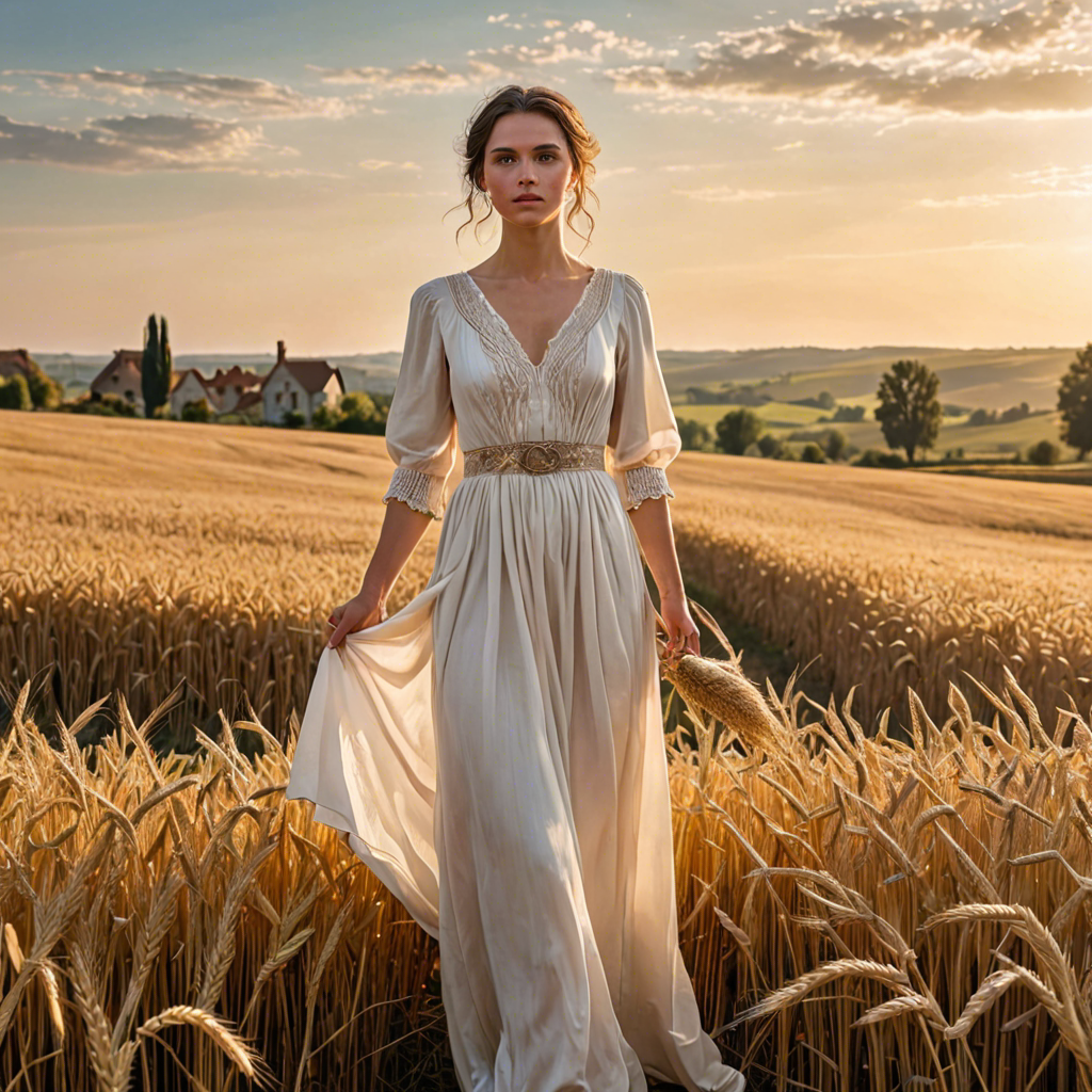 a shepherdess in an elegant white gown, standing in a countryside wheat field with a distant farmhouse, soft golden glow, detailed — image 4