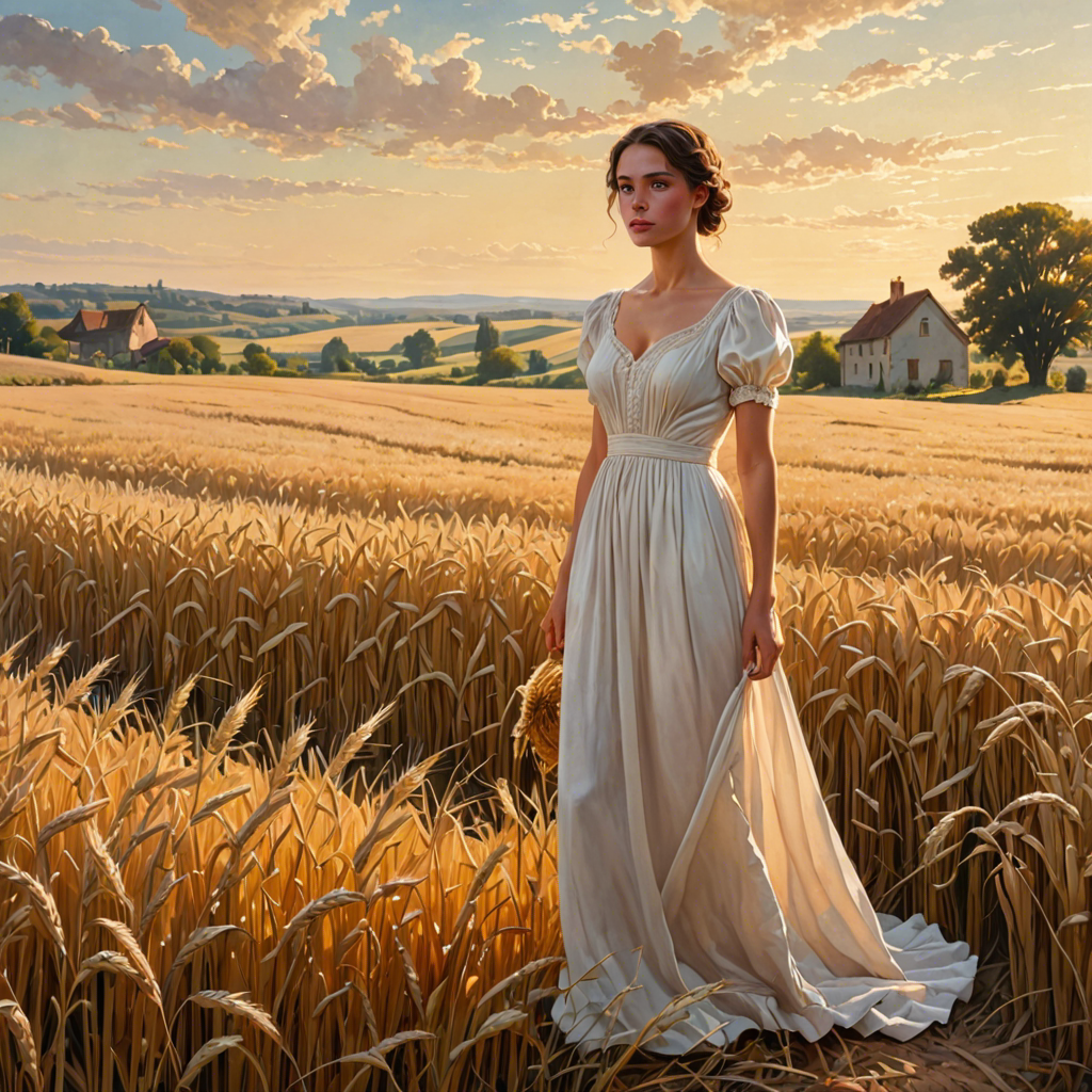 a shepherdess in an elegant white gown, standing in a countryside wheat field with a distant farmhouse, soft golden glow, detailed — image 5